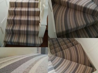 Carpet install with custom curve to stair winders. Curved carpet winders.